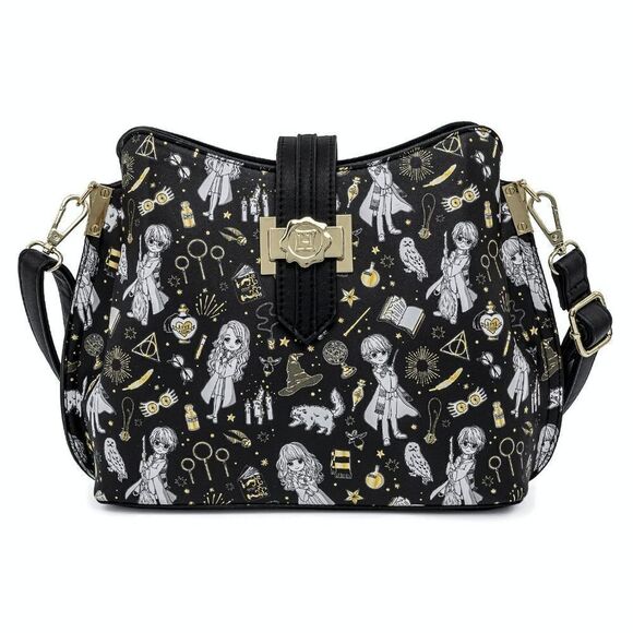 Loungefly Harry Potter Black and Gold All Over Print Crossbody Purse - Picture 1 of 5
